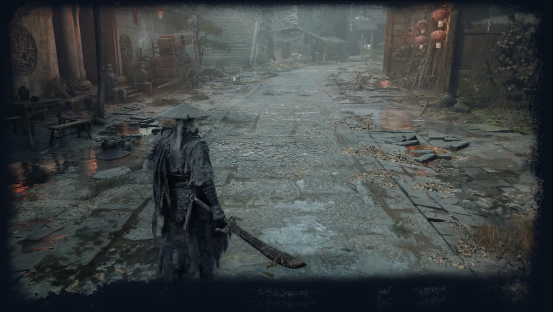 Soul on a rain-soaked street in Pangzhen Township with ray tracing on, Phantom Blade Zero